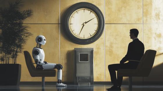 A robot and a man in a suit look at a clock on the wall