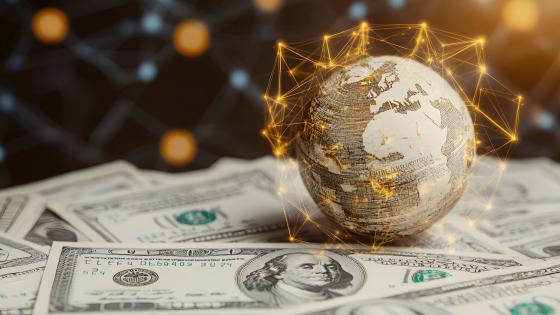 A globe on top of dollar bills with golden connections