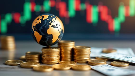 Globe on top of piles of coins with financial chart in background