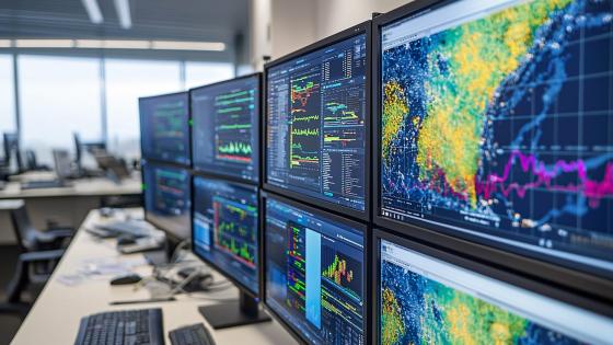 Climate models and financial charts on monitors 