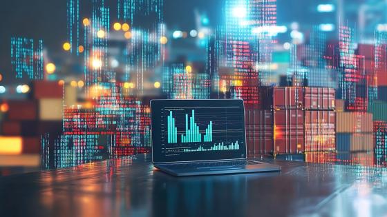 shipping containers, data and laptop