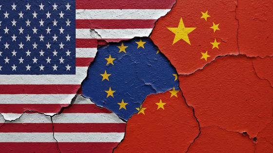 Cracked US, Chinese and EU flags