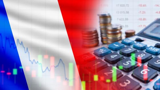 French flag, coins, calculator, financial charts and table