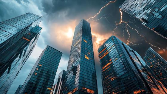 Skyscrapers under dramatic stormy sky