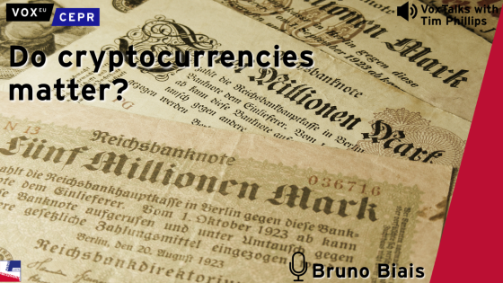 Old German banknotes with large denominations, accompanied by the text "Do cryptocurrencies matter?" and "Bruno Biais."
