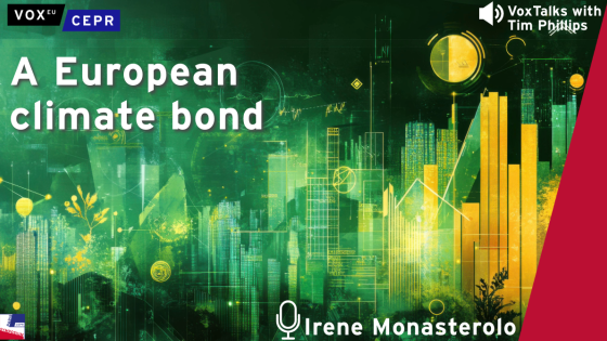 A promotional graphic for a VoxTalks podcast episode featuring Irene Monasterolo discusses the concept of a European climate bond, with a futuristic green cityscape in the background.