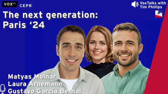 A promotional graphic for a VoxEU CEPR podcast episode titled "The next generation: Paris '24," featuring illustrated portraits of Matyas Molnar, Laura Arnemann, and Gustavo García Bernal against a blue background.