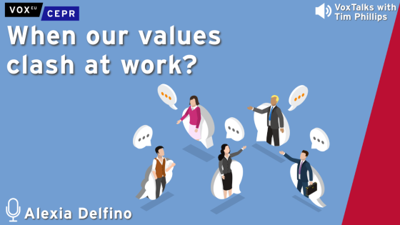 Illustration for a VoxEU CEPR podcast titled "When our values clash at work?" featuring five businesspeople standing apart with speech bubbles, symbolizing workplace disagreements.